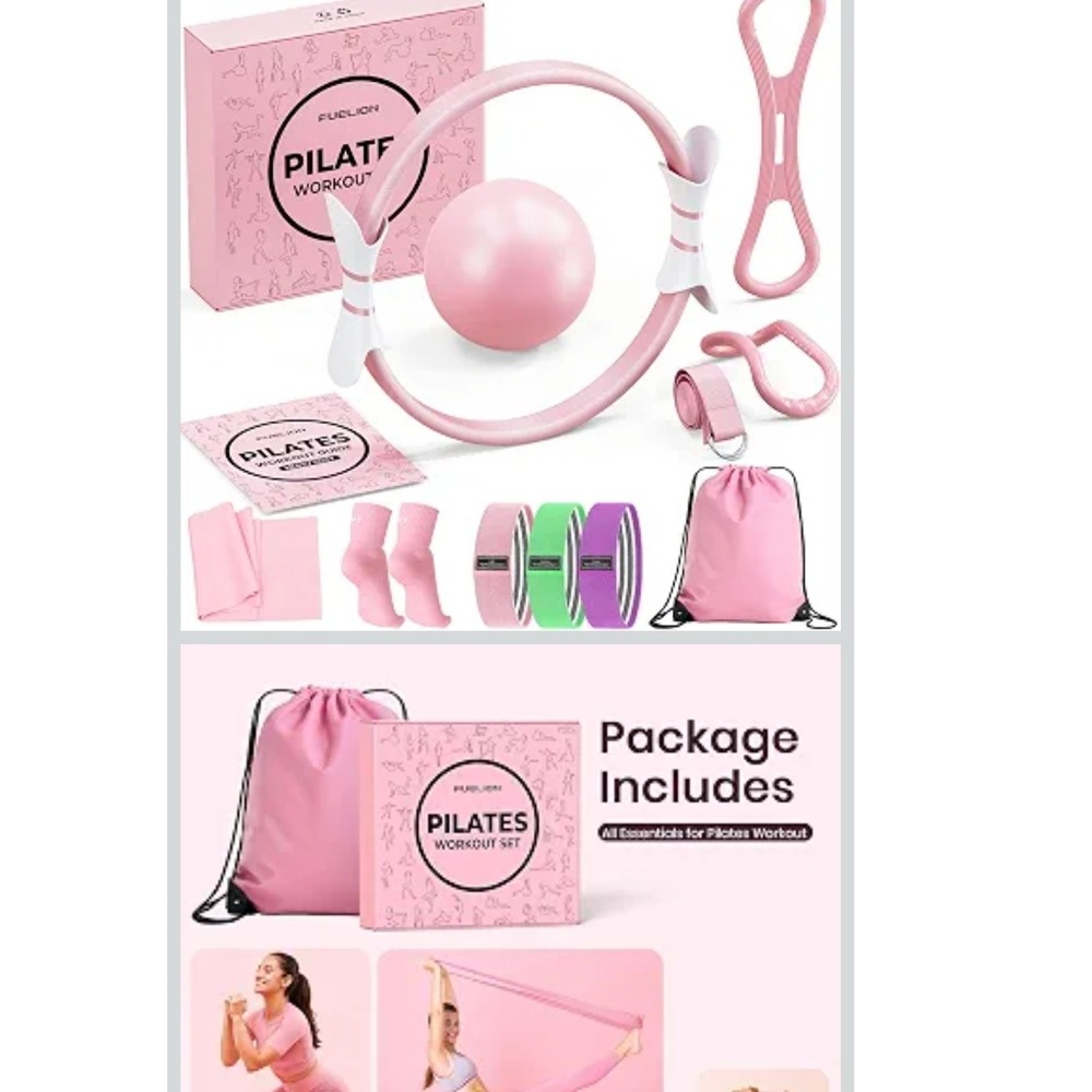 Fuelion Pilates Workout Set Women OS Pink Resistance Bands Ring Ball Kit X00 NWT - Picture 4 of 10